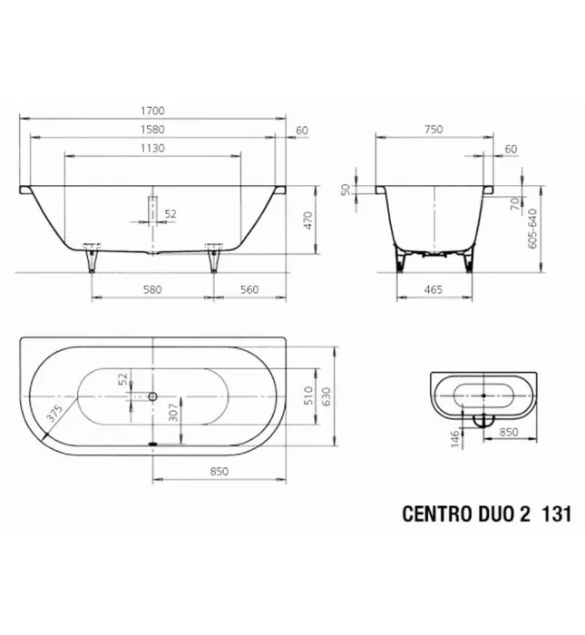 Bồn tắm xây 1.7m thép tráng men KALDEWEI CENTRO DUO 2 131