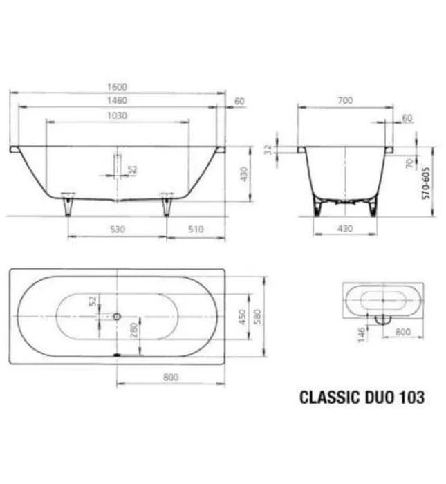Bồn tắm xây 1.6m thép tráng men KALDEWEI CLASSIC DUO 103