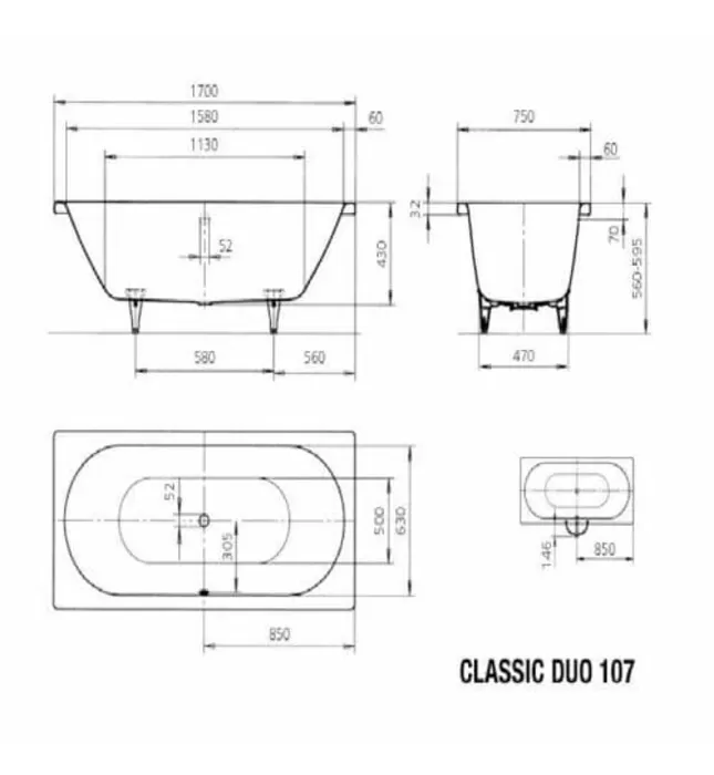 Bồn tắm xây 1.7m thép tráng men KALDEWEI CLASSIC DUO 105