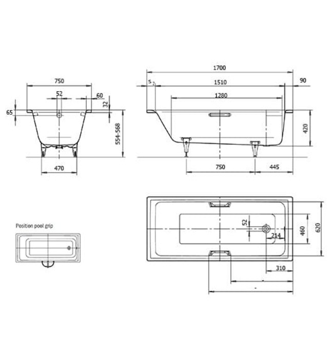 Bồn tắm xây 1.7m thép tráng men KALDEWEI PURO 652