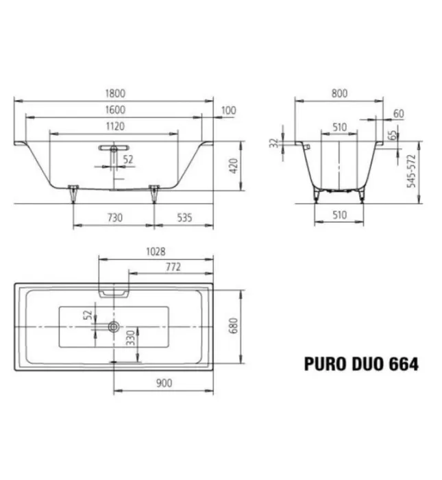 Bồn tắm xây 1.8m thép tráng men KALDEWEI PURO DUO 664
