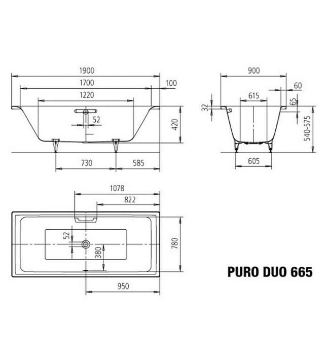 Bồn tắm xây 1.9m thép tráng men KALDEWEI PURO DUO 665