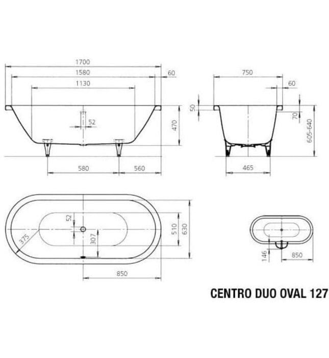 Bồn tắm xây 1.7 thép tráng men Kaldewei Centro Duo Oval 127