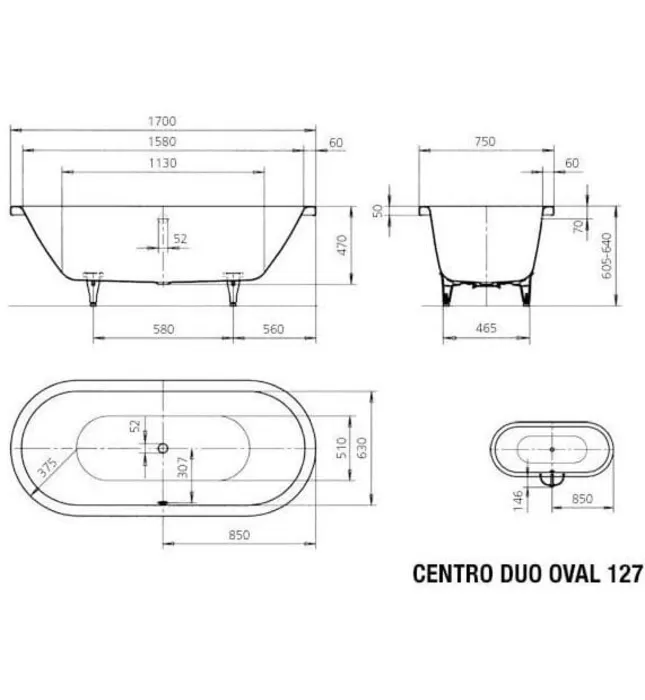 Bồn tắm xây 1.7 thép tráng men Kaldewei Centro Duo Oval 127