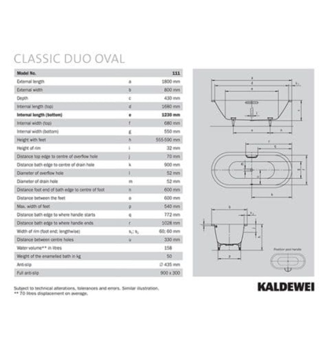 Bồn tắm xây massage 1.7m thép tráng men KALDEWEI CLASSIC DUO OVAL 111 VVE