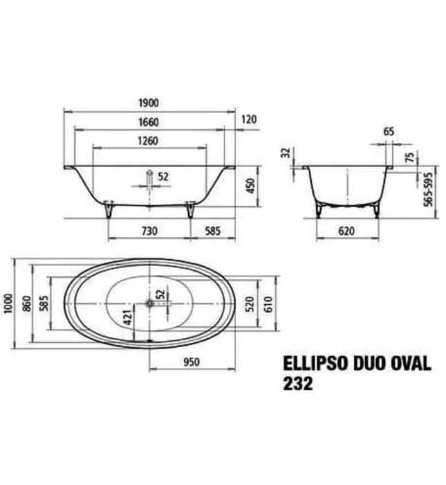 Bồn tắm xây thép tráng men 1.9m KALDEWEI ELLIPSO DUO OVAL 232
