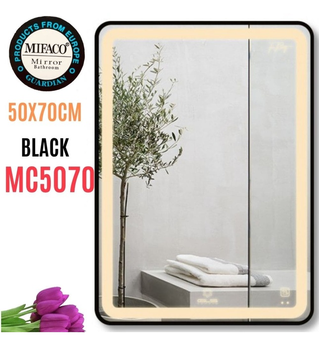Gương Led Viền Nhôm Đen Chữ Nhật Đứng 50x70cm Mifaco MC5070 Ánh Sáng Trong