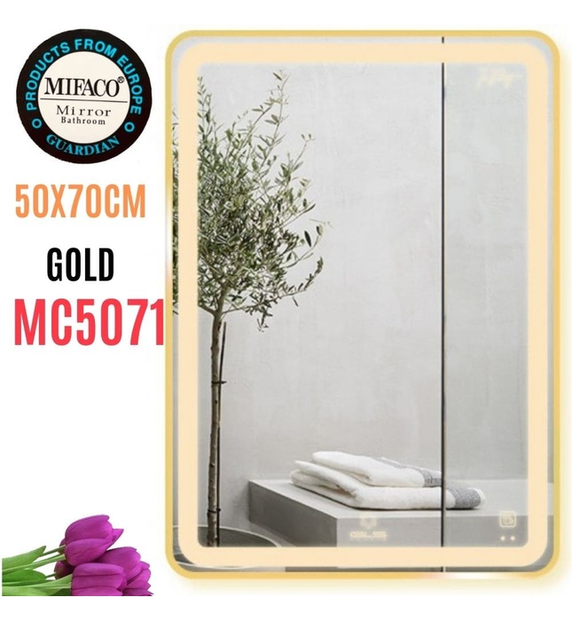 Gương Led Viền Nhôm Vàng Chữ Nhật Đứng 50x70cm Mifaco MC5071 Ánh Sáng Trong