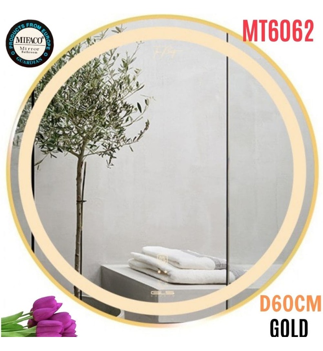 Gương Led Viền Nhôm Vàng Tròn D60cm Mifaco MT6062 Ánh Sáng Trong