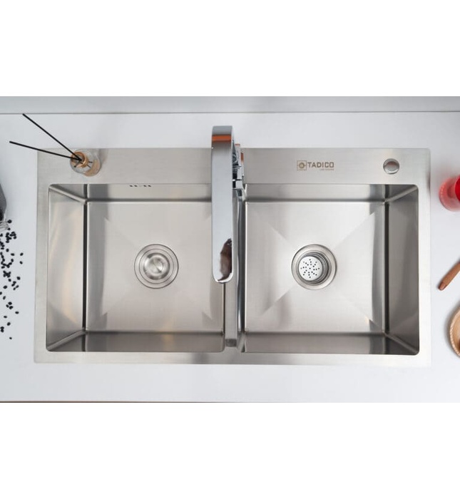 Chậu rửa bát đúc 2 hố SUS304 Tadico LUX.C.82.45.2