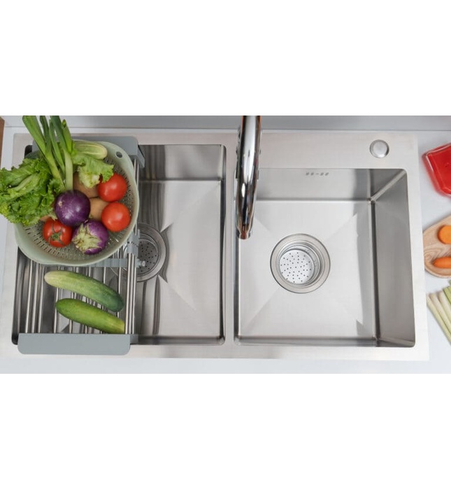 Chậu rửa bát đúc 2 hố lệch SUS304 Tadico LUX.L.82.45.3.MB2