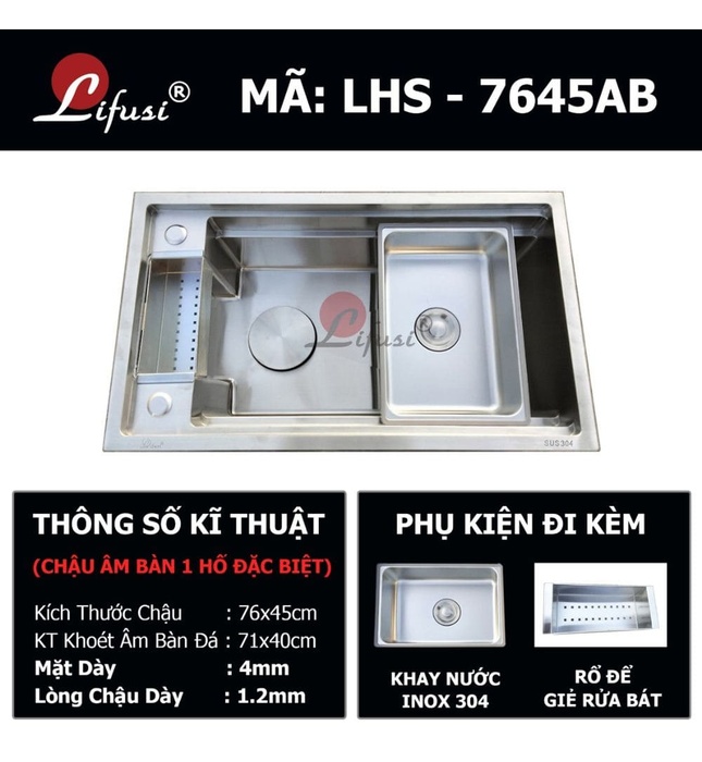 Chậu rửa bát đúc 1 hố âm bàn SUS304 Lifusi LHS-7645AB