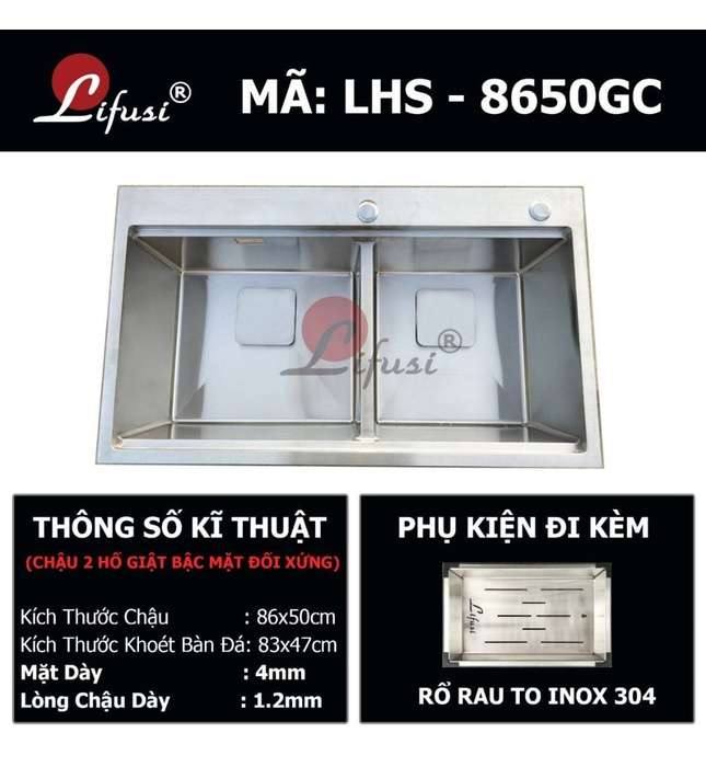 Chậu rửa bát đúc 2 hố cân SUS304 Lifusi VNS-8245C
