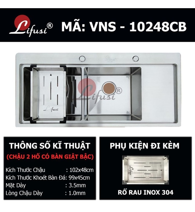 Chậu rửa bát đúc 2 hố 1 bàn SUS304 Lifusi LHS-10248XC