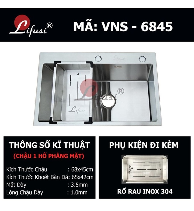 Chậu rửa bát đúc 1 hố SUS304 Lifusi VNS-6845