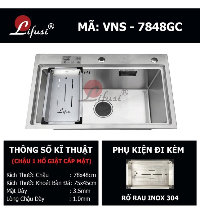 Chậu rửa bát đúc 1 hố SUS304 Lifusi VNS-7848GC