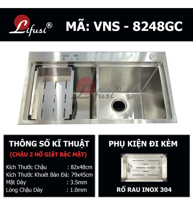 Chậu rửa bát đúc 2 hố cân SUS304 Lifusi VNS-8248GC