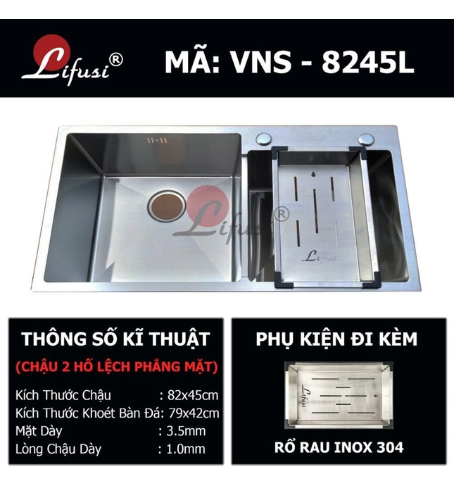 Chậu rửa bát đúc 2 hố lệch SUS304 Lifusi VNS-8245L