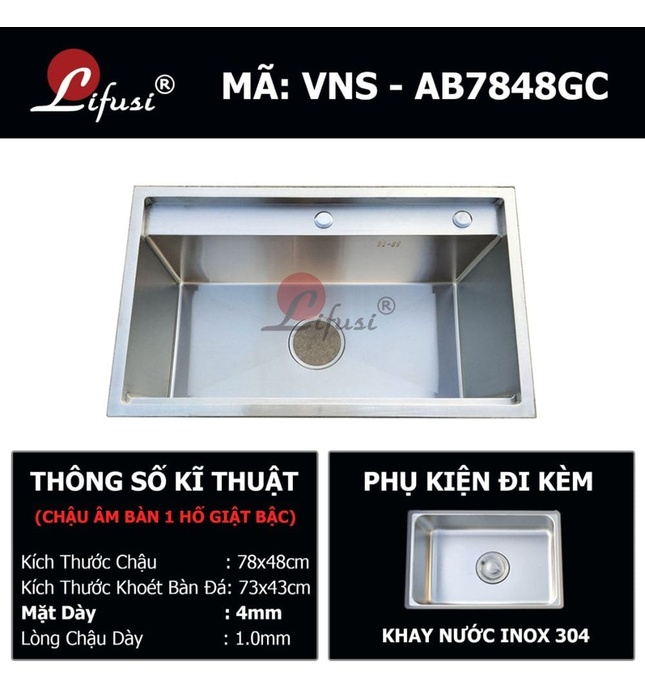 Chậu rửa bát đúc 1 hố ầm bàn SUS304 Lifusi VNS-AB7848GC