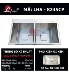 Chậu rửa bát đúc 2 hố cân SUS304 Lifusi LHS-8245CP