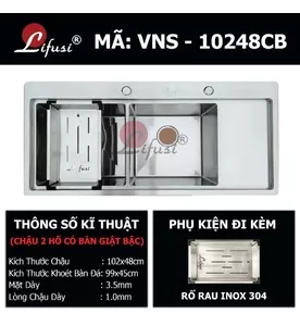 Chậu rửa bát đúc 2 hố 1 bàn SUS304 Lifusi VNS-10248CB
