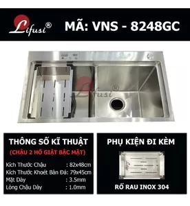 Chậu rửa bát đúc 2 hố cân SUS304 Lifusi VNS-8248GC