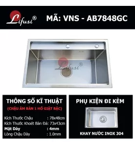 Chậu rửa bát đúc 1 hố ầm bàn SUS304 Lifusi VNS-AB7848GC