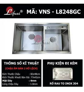 Chậu rửa bát đúc 2 hố lệch SUS304 Lifusi VNS-L8248GC