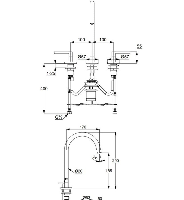 Vòi lavabo nóng lạnh 3 chân 2 tay gạt Kludi Nova Fonte 201430515