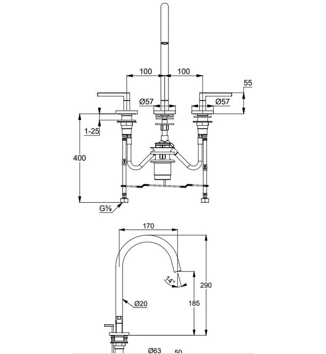 Vòi lavabo nóng lạnh 3 chân 2 tay gạt đen Kludi Nova Fonte 201433915