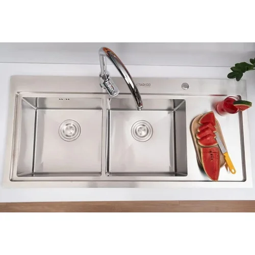 Chậu đúc 2 hố 1 bàn phải 1.2m SUS304 Tadico LUX.C.120.50.3.GBB1