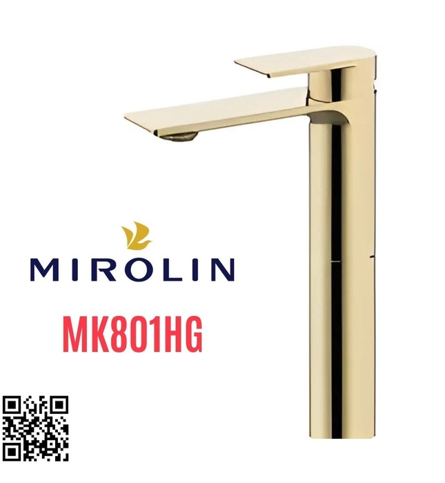 Vòi chậu rửa mặt nóng lạnh chân cao màu vàng Mirolin MK801HG