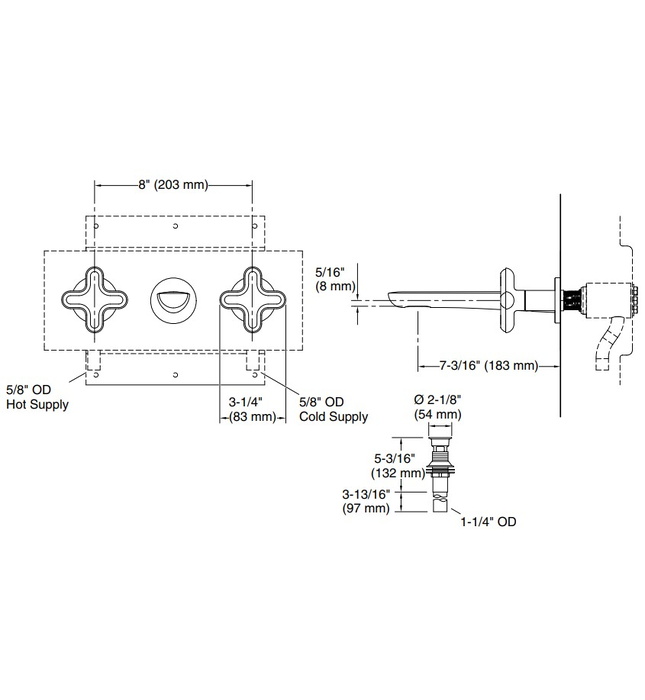 Vòi chậu rửa mặt nóng lạnh âm tường Nickel Kallista P32076-RST-BN
