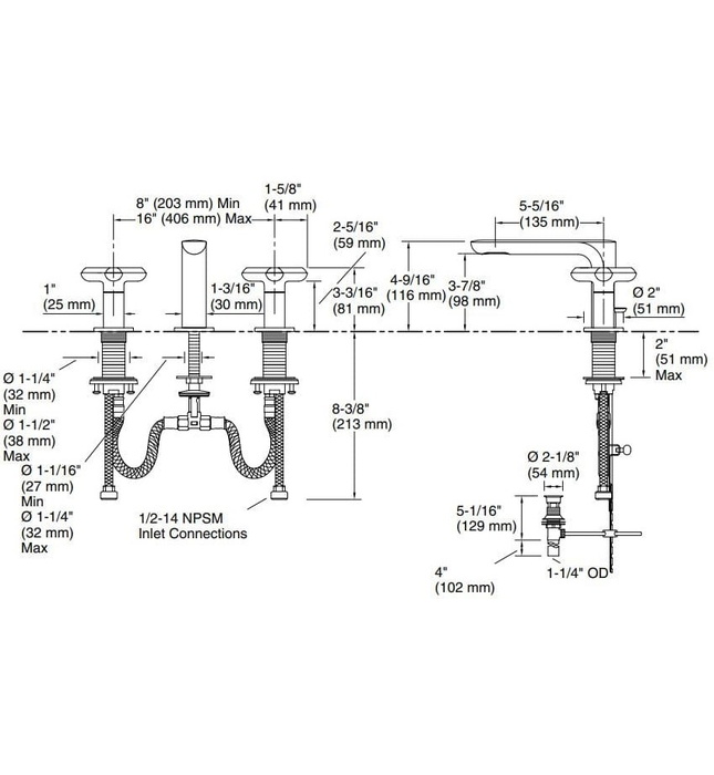 Vòi chậu rửa mặt nóng lạnh 3 chân Nickel Kallista P32704-RST-SN