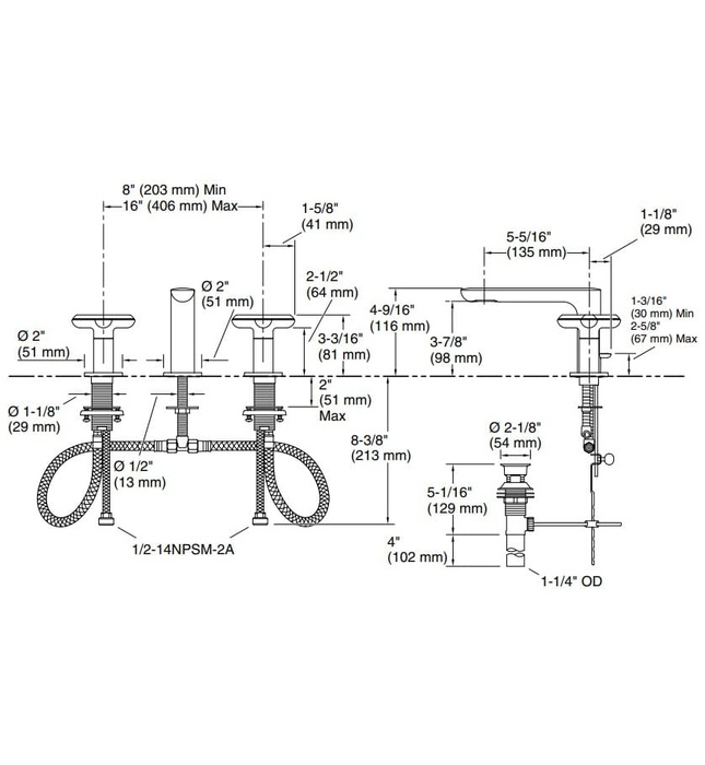Vòi chậu rửa mặt nóng lạnh 3 chân Nickel Kallista P32704-WC-SN