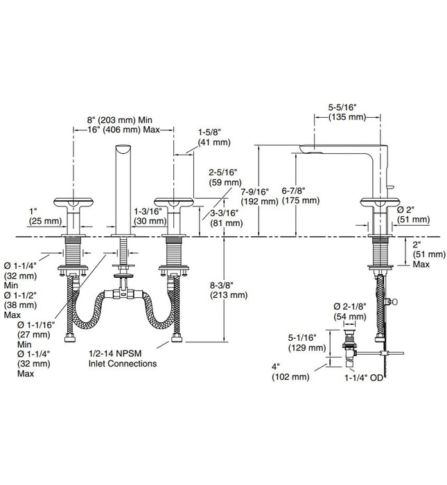 Vòi chậu rửa mặt nóng lạnh 3 chân đen Kallista P32705-RST-BL
