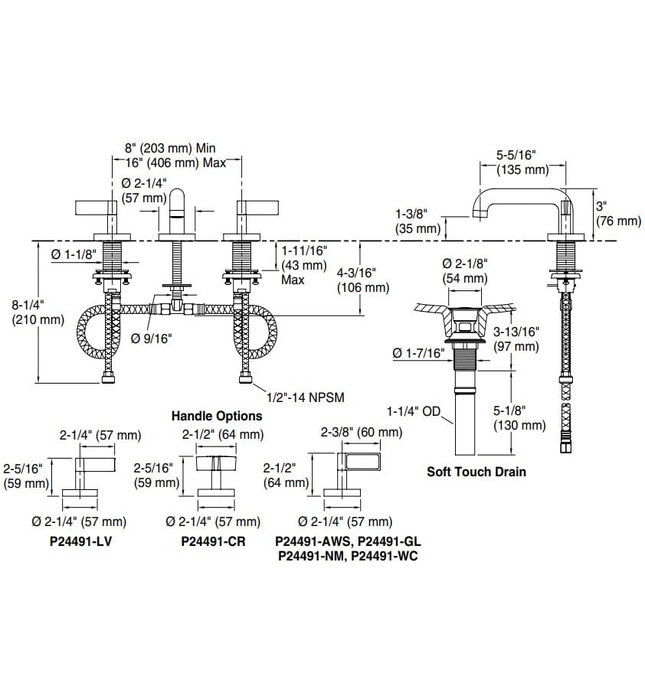 Vòi chậu rửa mặt 3 chân cổ thấp Nickel Kallista P24491-CR-SN