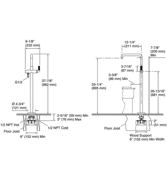 Vòi bồn tắm gắn sàn 1 lỗ nóng lạnh màu vàng Kallista P40883-00-BAF
