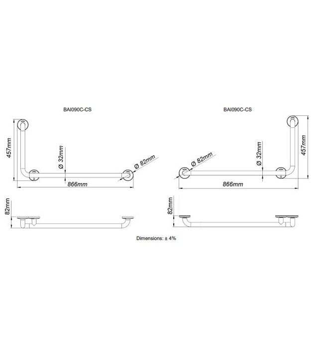 Thanh vịn góc 90° về bên trái Tây Ban Nha Mediclinics BAD090CS