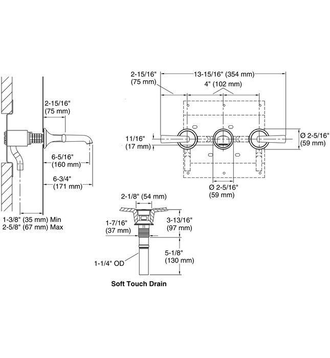 Vòi chậu rửa mặt 3 chân âm tường vàng Kallista P25011-LV-BAF