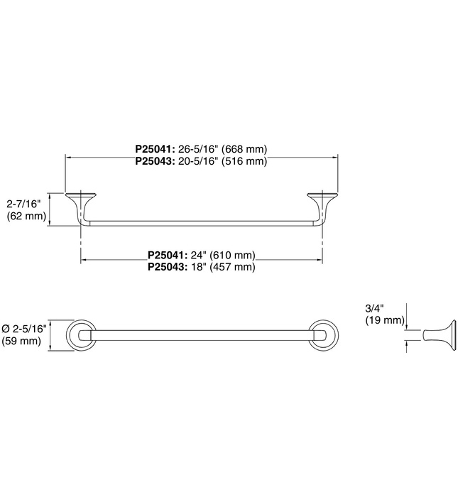 Thanh treo khăn đơn 24" màu Chrome Kallista P25041-00-CP