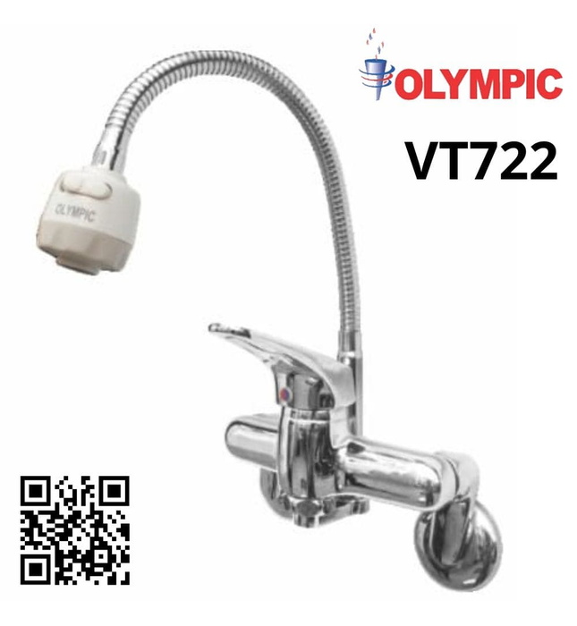 Vòi chậu rửa bát nóng lạnh gắn tường cần mềm Olympic VT722