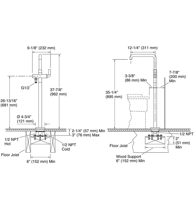 Vòi bồn tắm gắn sàn 1 lỗ nóng lạnh vàng Kallista P32364-AD-BAF