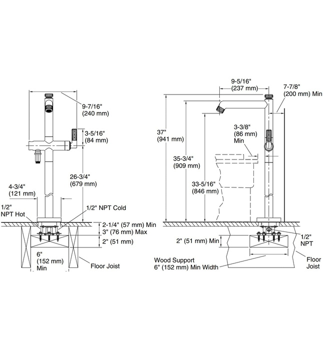 Vòi bồn tắm gắn sàn 1 lỗ nóng lạnh vàng Kallista P24977-BAF-BAF