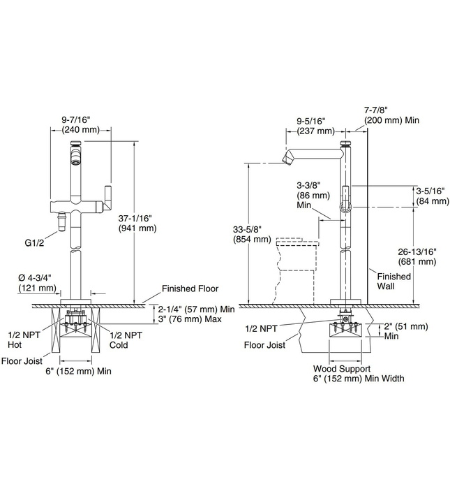 Vòi bồn tắm gắn sàn 1 lỗ nóng lạnh Nickel Kallista P24978-00-SN