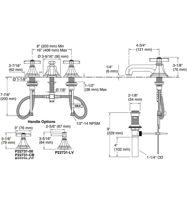 Vòi chậu rửa mặt 3 chân cổ thấp Nickel Kallista P22731-LV-AD