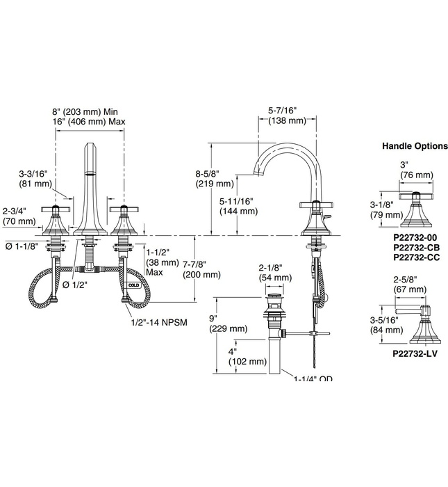 Vòi chậu rửa mặt 3 chân thân cao Chrome Kallista P22732-LV-CP