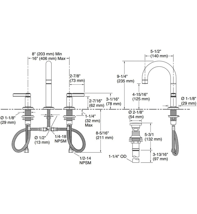 Vòi chậu rửa mặt 3 chân cổ vòm nickel Kallista P80249-LV-BN