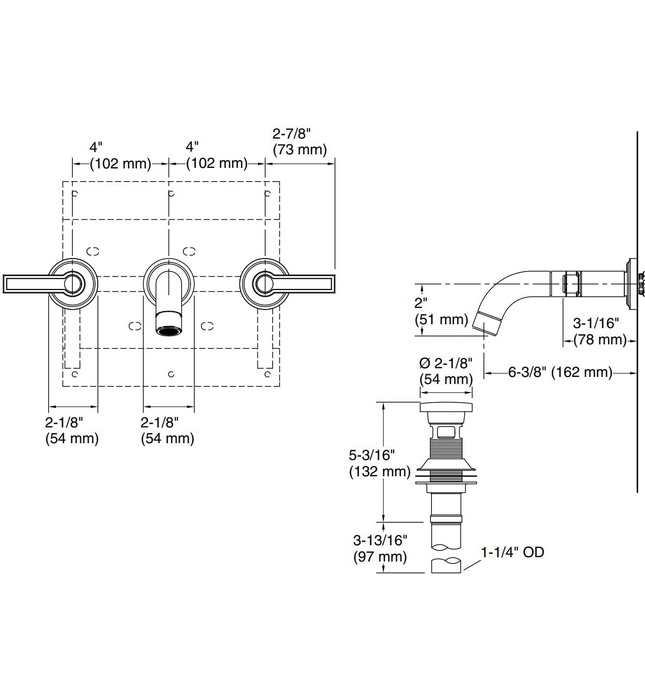 Vòi chậu rửa mặt 3 chân âm tường vàng Kallista P80250-LV-BAF