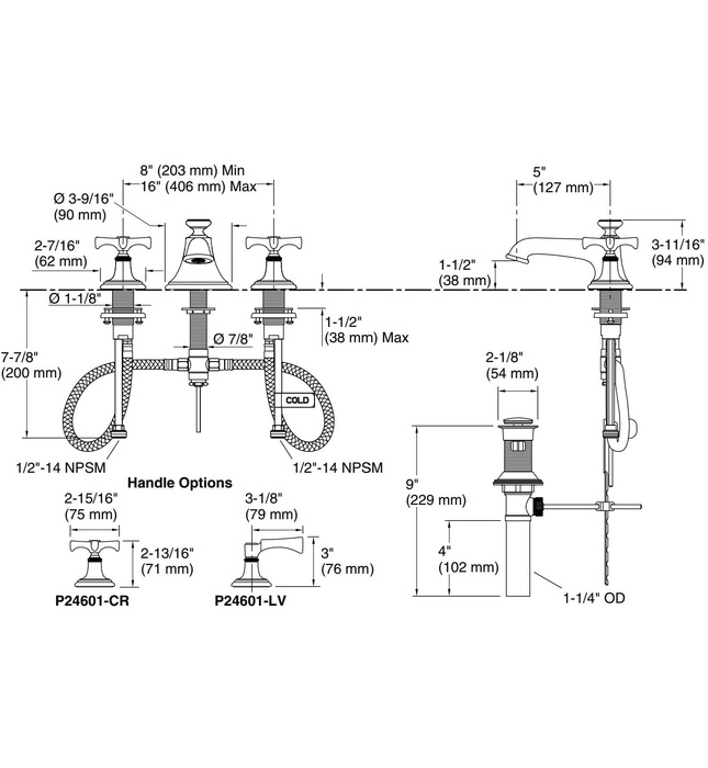 Vòi chậu rửa mặt 3 chân, tay chéo nickel Kallista P24601-CR-AD